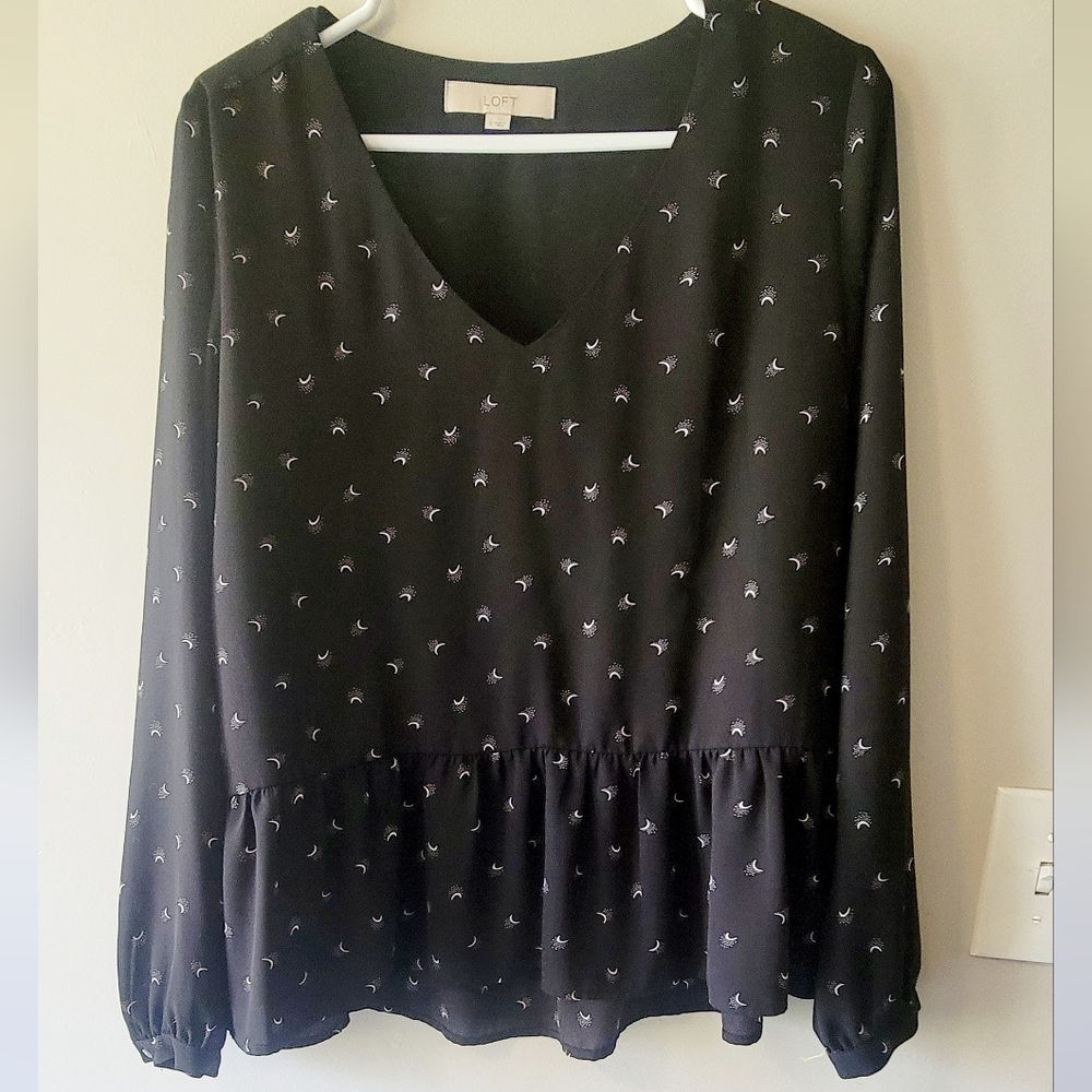 LOFT Black V-Neck Ruffle Hem Blouse with White Crescent Print
